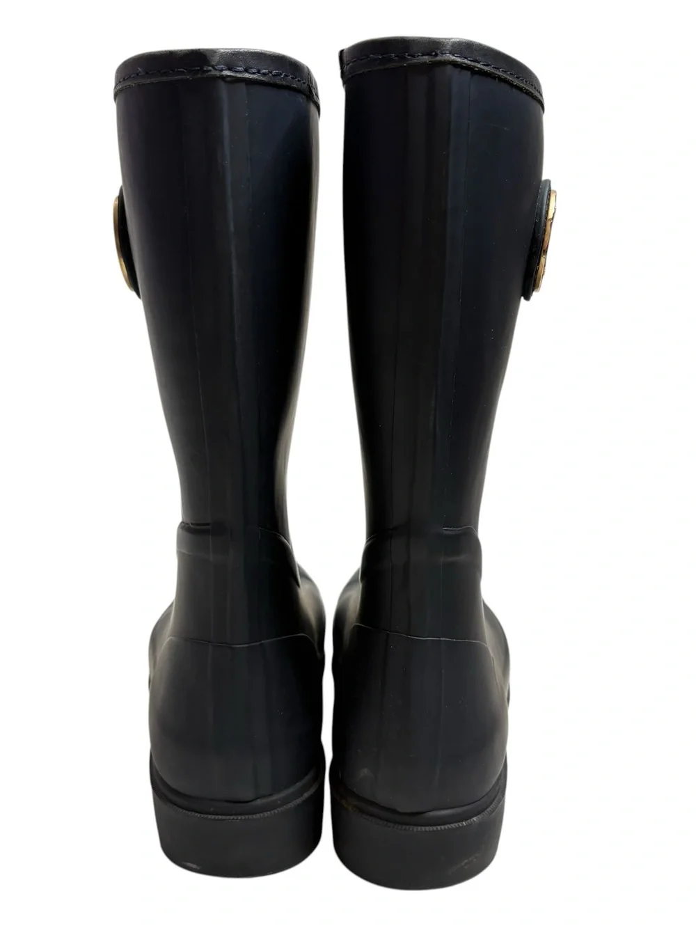 Tory Burch Navy Mid-Calf Rain Boots with Gold Logo